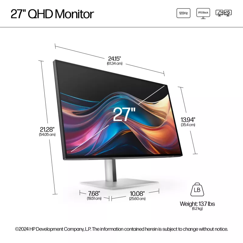 Monitorius HP Series 7 Pro 27 col. QHD - 727pq, 68.6 cm (27 col.), 2560 x 1440 pikseliai, Quad HD, LCD, 5 ms, Juodas