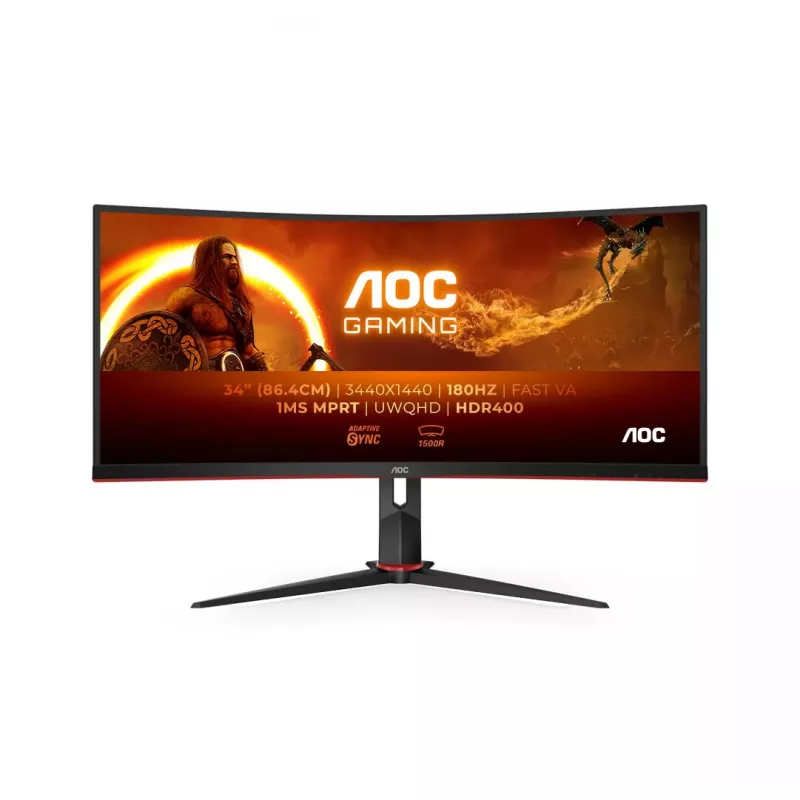 AOC CU34G2XP/BK 34 colių VA monitorius, 3440×1440, 21:9, 180 Hz, 1 ms, 2×HDMI, juodas