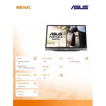 ASUS MB14AC nešiojamas monitorius 35,6 cm (14 colių) Full HD pilkas