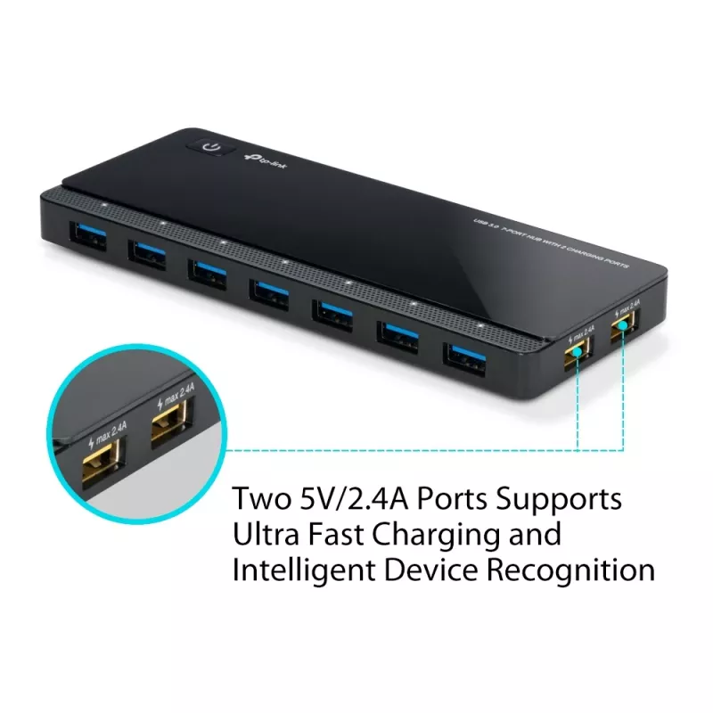 TP-Link UH720 USB 3.2 Gen 1 7 prievadų USB šakotuvas su įkrovimo prievadais, juoda