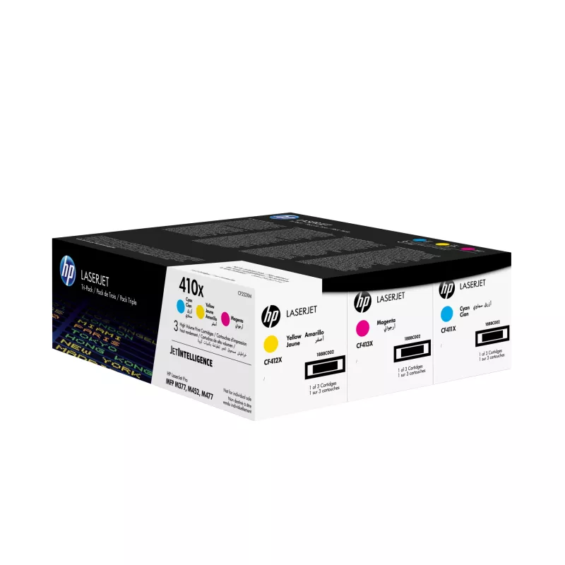 HP 410X 3 vnt. didelės išeigos žalsvai mėlyna / rausvai raudona / geltona originalūs LaserJet tonerio kasetės