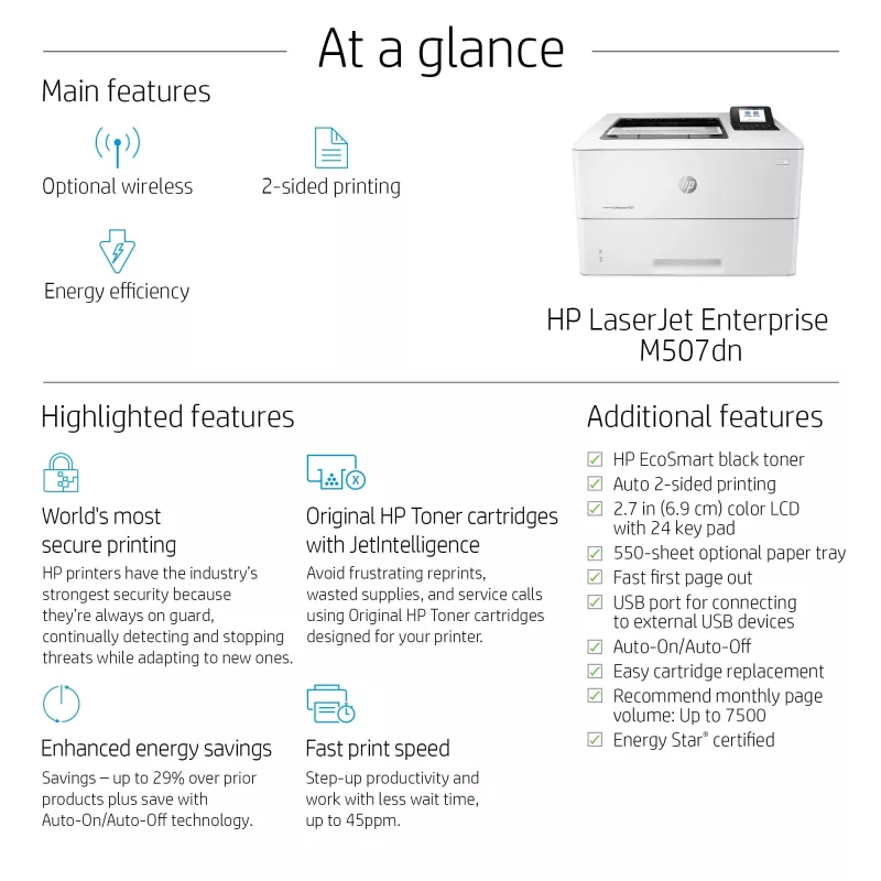 HP LaserJet Enterprise M507dn spausdintuvas, lazerinis, 1200 x 1200 DPI, A4, 43 ppm, dvipusis spausdinimas, tinklo paruoštas