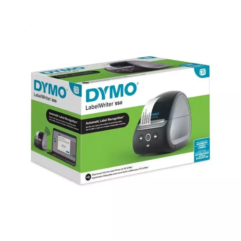 DYMO LabelWriter 550 etikečių spausdintuvas | Tiesioginis terminis spausdinimas | Automatinis etikečių atpažinimas | Spausdina adresų, siuntų, brūkšninių kodų etiketes | EU 2 kištukas