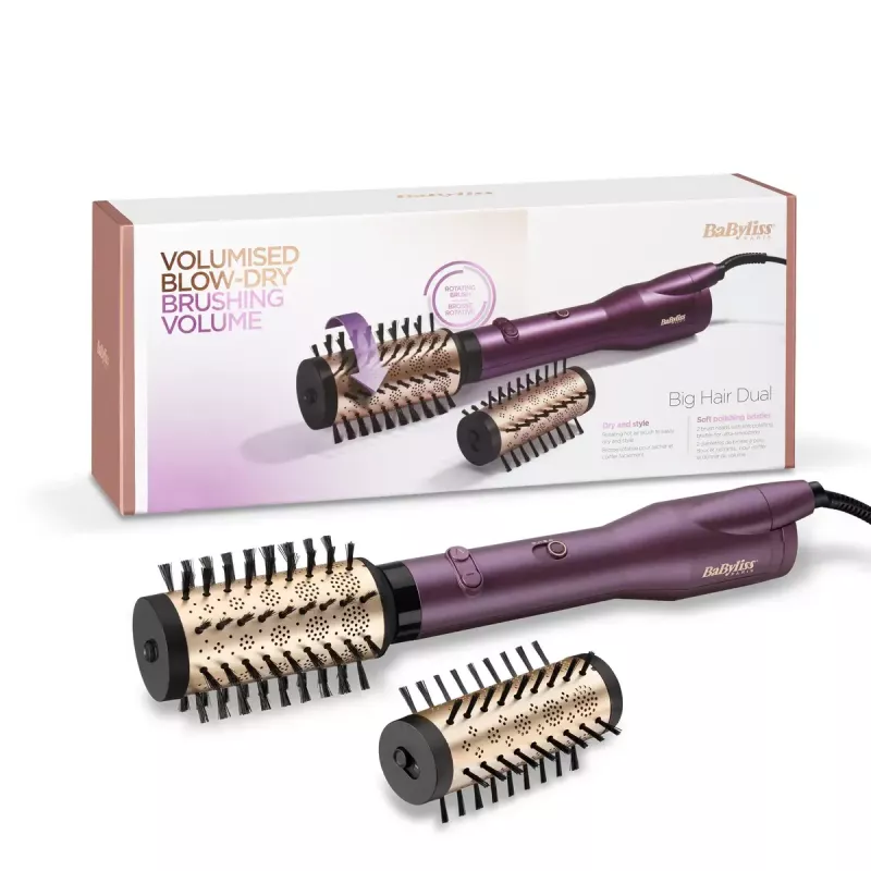 Karšto oro šukų prietaisas BABYLISS Big Hair Dual AS950E — 650 W, 2 šildymo lygiai, 5 cm antgalis, 2 šepečiai, 2,5 m laidas, Violetinė/Rožinis auksas/Juoda