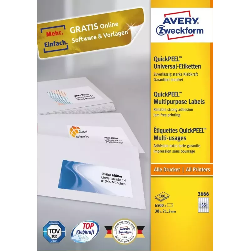 Lipni etiketė Avery 3666, 38 x 21,2 mm, balta, 6500 vnt.