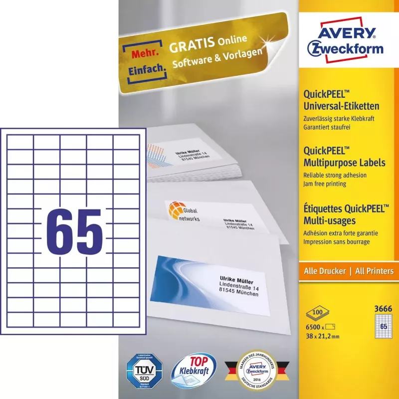 Lipni etiketė Avery 3666, 38 x 21,2 mm, balta, 6500 vnt.