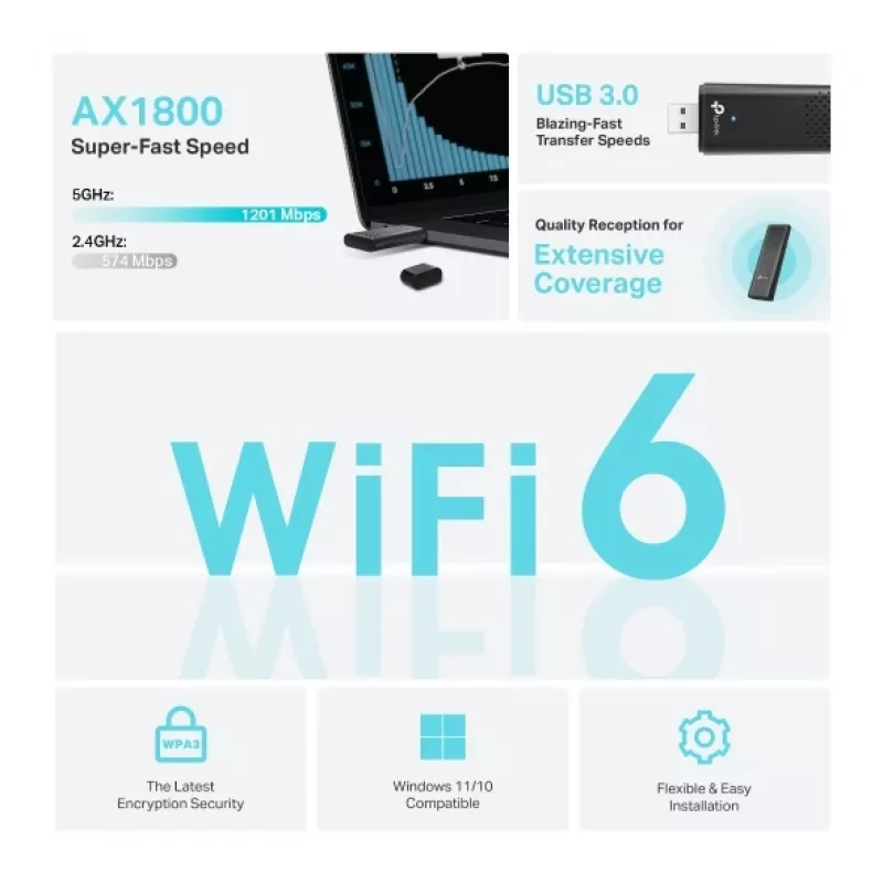 TP-Link Archer AX1800 dviejų juostų Wi-Fi 6 USB adapteris