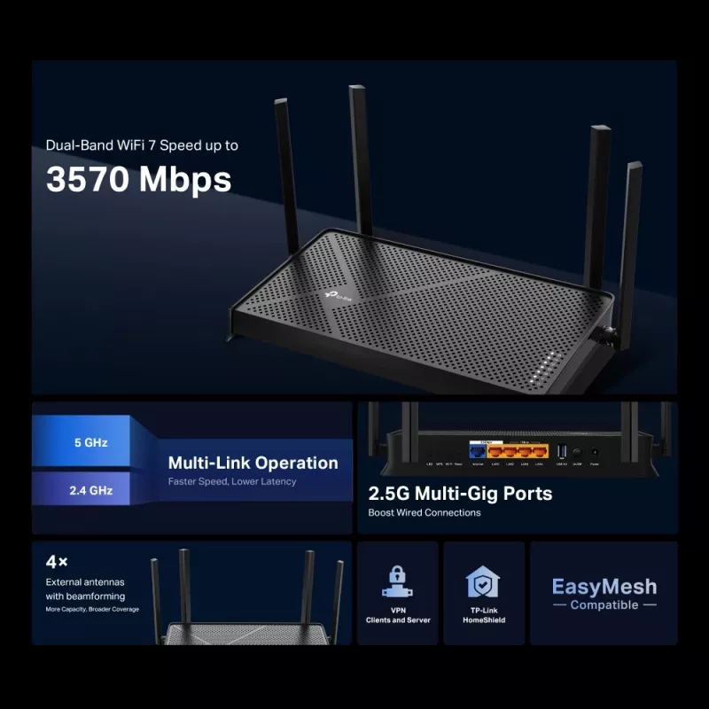 TP-Link Archer BE230 belaidis maršrutizatorius 2.5 Gigabit Ethernet dviejų juostų (2,4 GHz / 5 GHz) Juodas