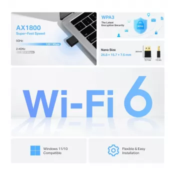 TP-Link Archer AX1800 Nano belaidis Wi-Fi 6 USB adapteris, 1800 Mbit/s, juodas