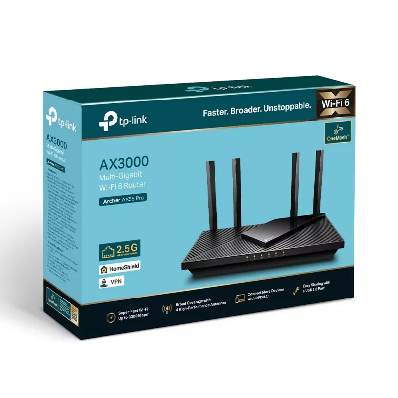 TP-Link Archer AX55 Pro belaidis maršrutizatorius AX3000 Wi-Fi 6 su 2.5G prievadu