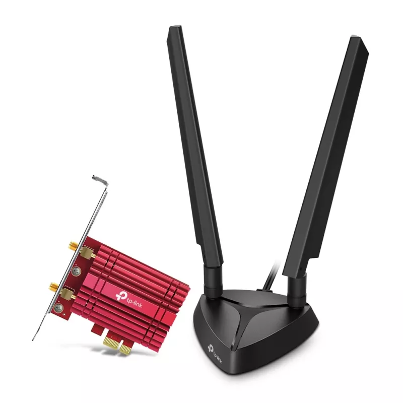 TP-Link Archer TXE75E AXE5400 Wi-Fi 6E Bluetooth 5.2 PCIe adapter, vidinis, belaidis, PCI Express, WLAN / Bluetooth, 5400 Mbit/s, juoda, raudona