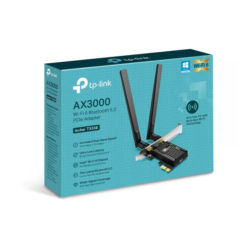 TP-Link Archer AX3000 Wi-Fi 6 Bluetooth 5.2 PCIe adapteris, belaidis, PCI Express, WLAN / Bluetooth, Wi-Fi 6 (802.11ax), 2402 Mbit/s, juodas