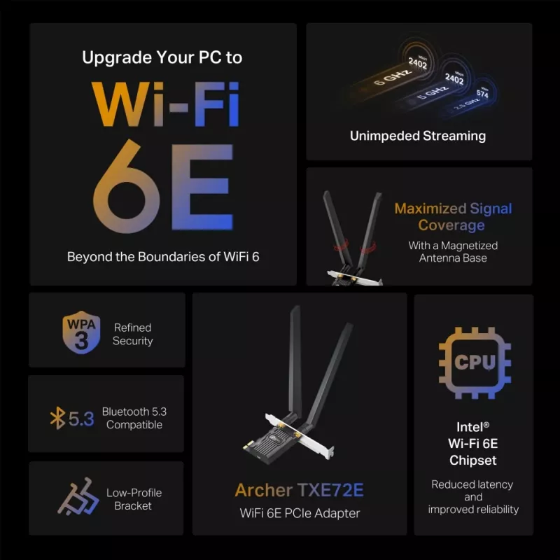 TP-Link ARCHER TXE72E belaidis PCIe adapteris Wi-Fi 6E Bluetooth 5.3 triju juostu 2402 Mbit/s