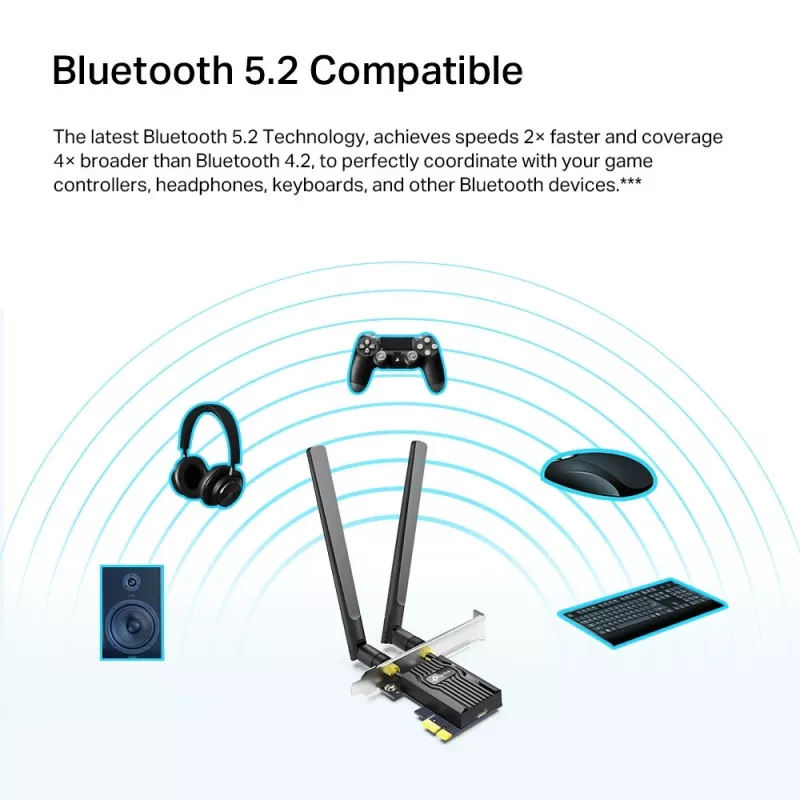 TP-Link AX1800 Wi-Fi 6 Bluetooth 5.2 PCIe adapter, vidinis, belaidis, PCI Express, WLAN / Bluetooth, 1800 Mbit/s, juodas