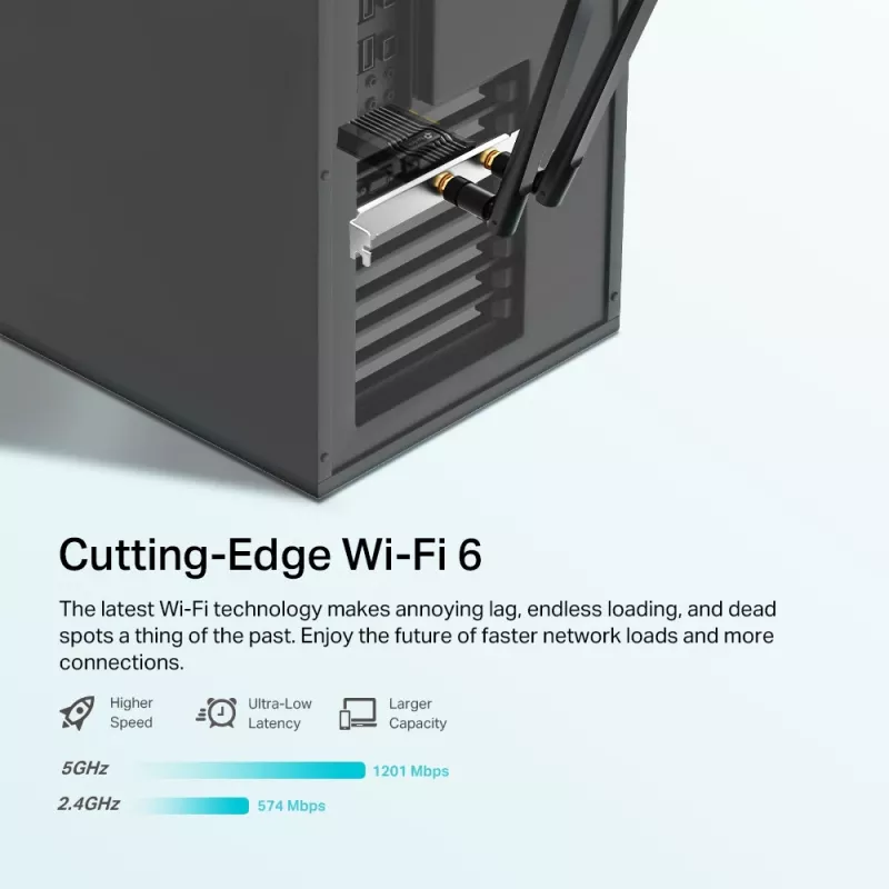 TP-Link AX1800 Wi-Fi 6 Bluetooth 5.2 PCIe adapter, vidinis, belaidis, PCI Express, WLAN / Bluetooth, 1800 Mbit/s, juodas