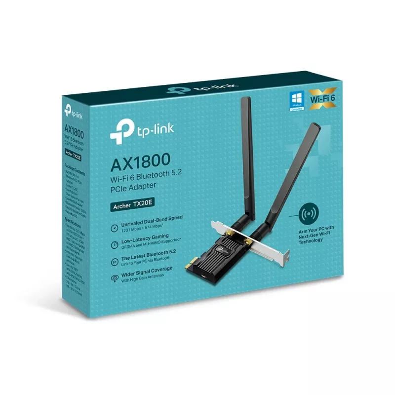 TP-Link AX1800 Wi-Fi 6 Bluetooth 5.2 PCIe adapter, vidinis, belaidis, PCI Express, WLAN / Bluetooth, 1800 Mbit/s, juodas