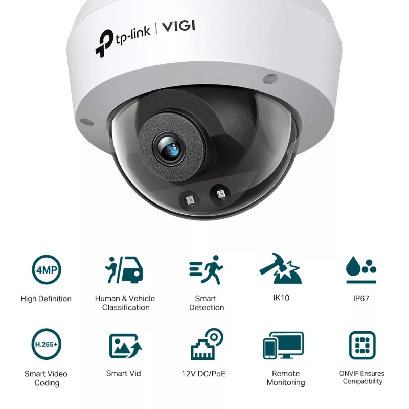 TP-Link VIGI C240I 4MP IR kupolinė tinklo kamera, IP apsaugos kamera, vidaus ir lauko, laidinė, juoda/balta