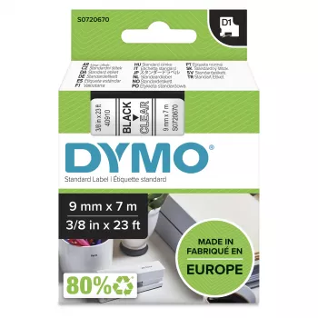 DYMO Autentiškos D1 etiketės | Juodas spaudas ant skaidrios juostos | 9 mm x 7 m | Lipnios etiketės LabelManager etikečių spausdintuvams | Pagaminta Europoje