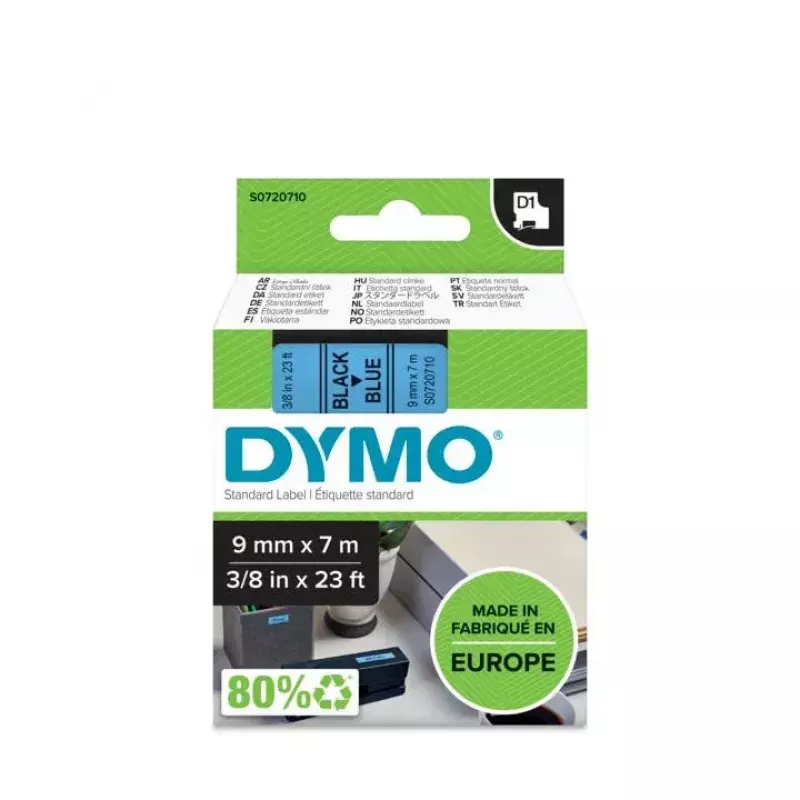 DYMO D1 Standartinė juosta | Juodas šriftas ant mėlynos juostos | 9 mm x 7 m | Lipni etikečių juosta LabelManager žymekliams | Pagaminta Europoje