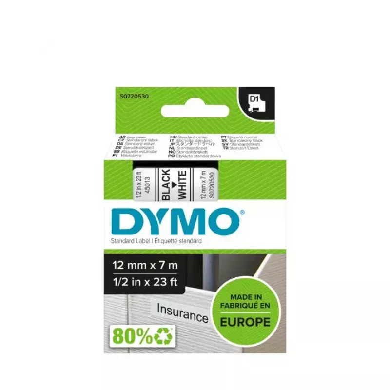 DYMO D1 juosta etiketėms | Juodas tekstas ant baltos juostos | 12 mm x 7 m | Lipni juosta LabelManager etikečių spausdintuvams | Pagaminta Europoje