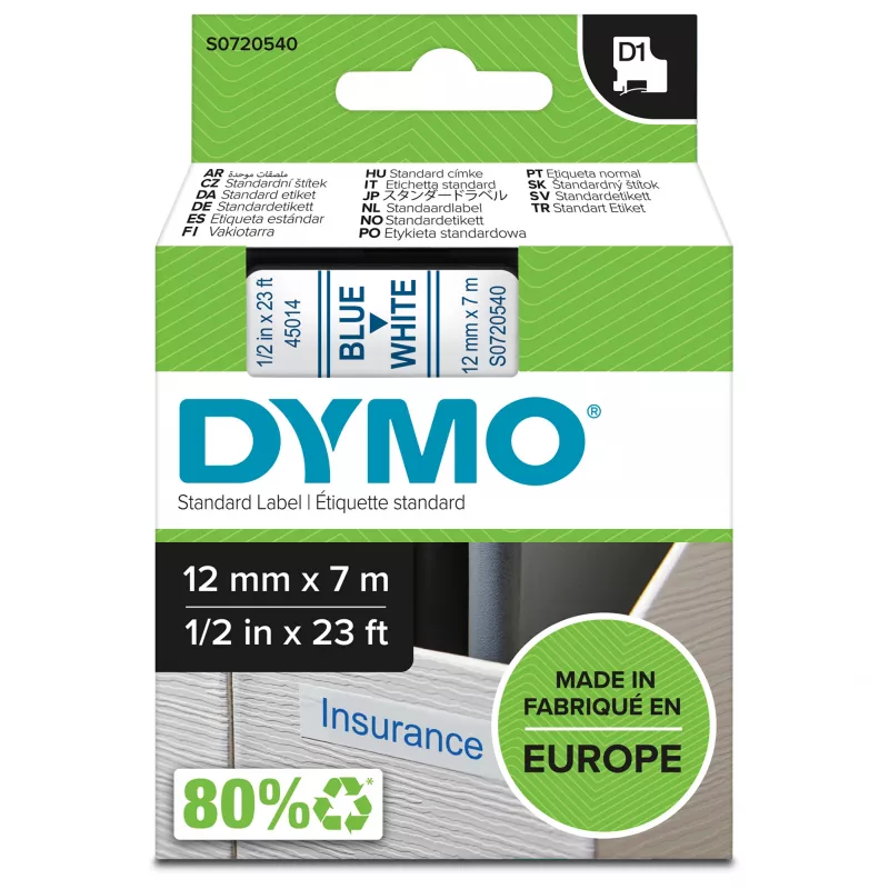 DYMO Authentic D1 etiketės | Mėlynas šriftas ant baltos juostos | 12 mm x 7 m | Lipnios etiketės LabelManager ir MobileLabeler žymekliams | Pagaminta Europoje