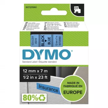 DYMO Authentic D1 etiketės | Juodas spaudinys ant mėlynos juostos | 12 mm x 7 m | Lipnios etiketės LabelManager žymekliams | Pagaminta Europoje