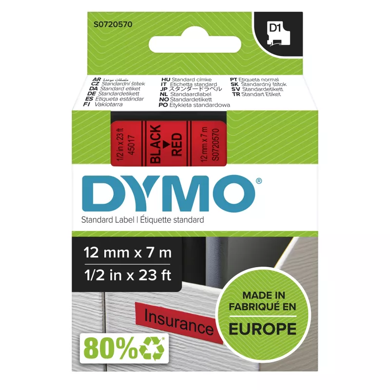 DYMO D1 lipni juosta raudona, juodas tekstas, 12 mm x 7 m