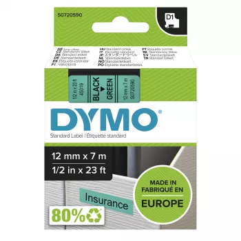 DYMO Autentiškos D1 etiketės | Juodas spaudas ant žalios juostos | 12 mm x 7 m | Lipnios etiketės LabelManager ir MobileLabeler žymekliams | Pagaminta Europoje