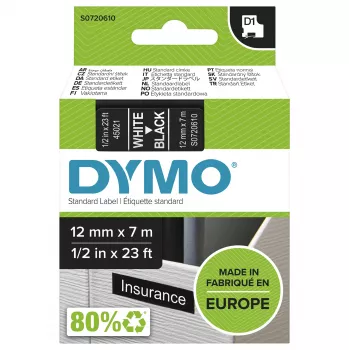 DYMO D1 juostelės etiketėms | Baltas spaudinys ant juodos juostos | 12 mm x 7 m | Lipnios etiketės LabelManager žymekliams | Pagaminta Europoje