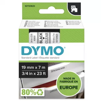 DYMO Authentic D1 etiketės | juodas spaudinys ant skaidrios juostos | 19 mm x 7 m | lipnios etiketės LabelManager etikečių spausdintuvams | pagaminta Europoje
