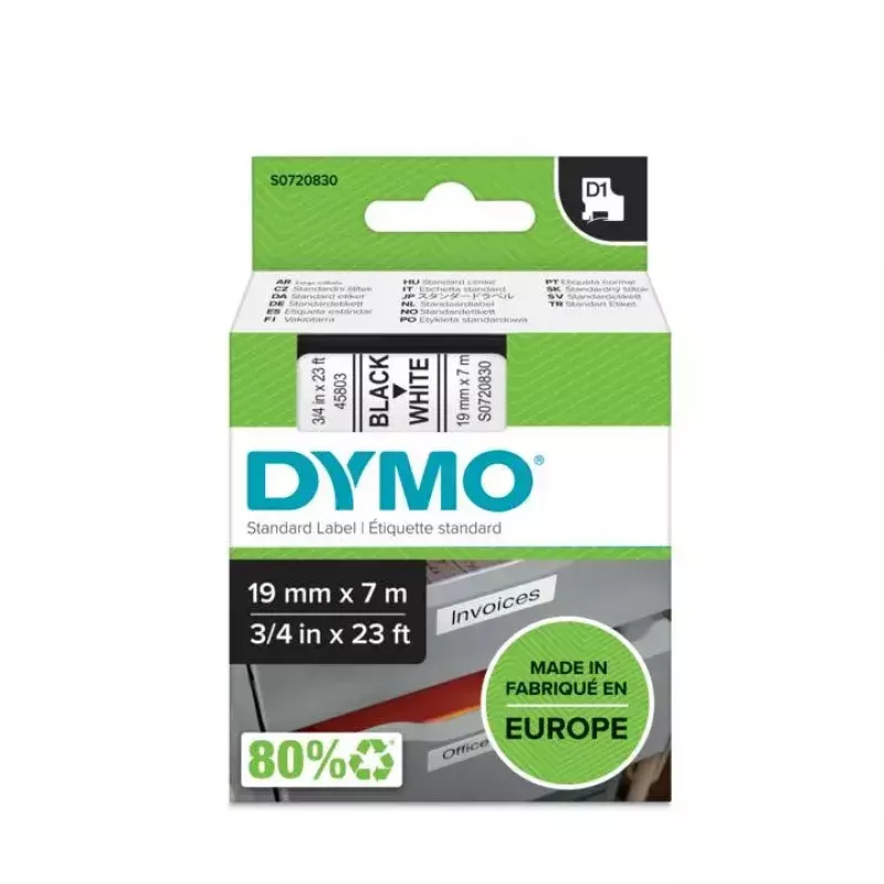DYMO D1 juostelė etiketėms | Juodas spaudinys ant baltos juostos | 19 mm x 7 m | Lipni juosta, skirta LabelManager etikečių spausdintuvams | Pagaminta Europoje