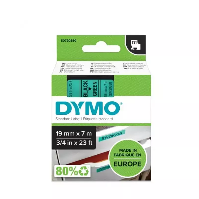 DYMO D1 etiketės juodu šriftu ant žalios juostos | 19 mm x 7 m | Lipnios etiketės LabelManager žymekliams | Pagaminta Europoje