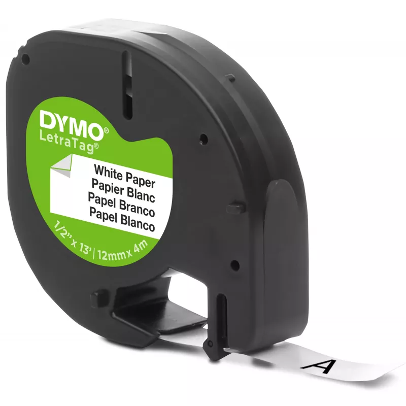 DYMO LetraTag popierinės etiketės | Autentiškos | 12 mm x 4 m ritinys | Juodas spaudinys ant balto | Lipnios įvairios paskirties etiketės, skirtos LetraTag etikečių spausdintuvams | Pagaminta Europoje