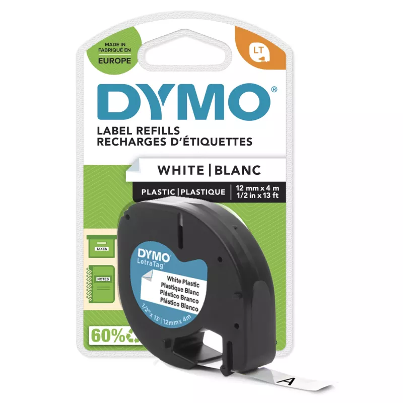 DYMO LetraTag plastikinės etiketės | 12 mm x 4 m ritinys | juodas šriftas ant baltos juostos | lipnios etiketės visiems LetraTag žymekliams
