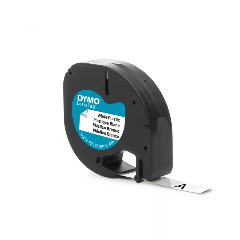 DYMO LetraTag plastikinės etiketės | 12 mm x 4 m ritinys | juodas šriftas ant baltos juostos | lipnios etiketės visiems LetraTag žymekliams