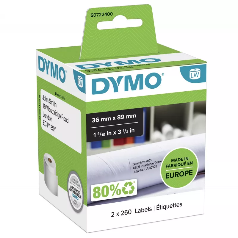 DYMO Authentic LabelWriter dideli adresų etikečių ritiniai | 36 mm x 89 mm | lipnios | 2 ritiniai po 260 (520 lengvai atplėšiamų etikečių) | LabelWriter etikečių spausdintuvams | pagaminta Europoje