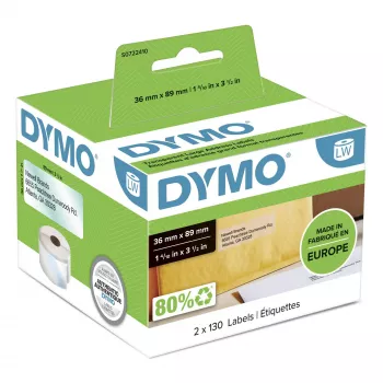 DYMO Authentic LabelWriter dideli adresų lipdukai | 36mm x 89mm | juodas spausdinimas ant skaidrių lipdukų | 2 ritinėliai po 130 (260 lengvai nuimamų lipdukų) | lipnūs | skirta LabelWriter etikečių spausdintuvams