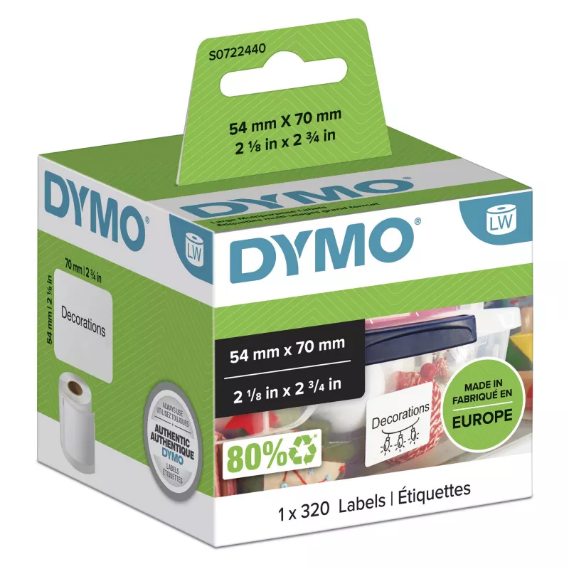 DYMO Authentic LabelWriter įvairios paskirties etiketės | 54 mm x 70 mm | lipnios | 320 vnt. rulonas | LabelWriter etikečių spausdintuvams