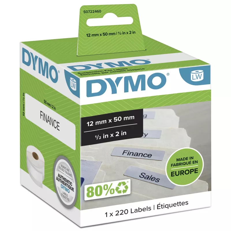 DYMO Authentic LabelWriter pakabinamų segtuvų etiketės | 12 mm x 50 mm | 220 vnt. lengvai nuplėšiamų lipnių etikečių ritinėlis | LabelWriter etikečių spausdintuvams