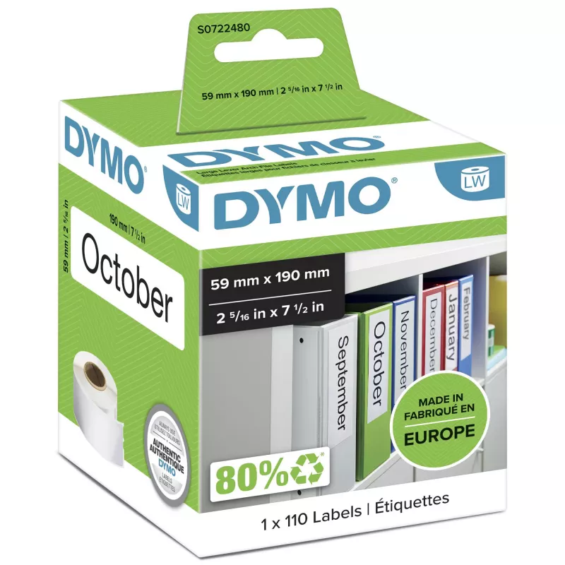 DYMO Authentic LabelWriter etiketės segtuvų aplankams | 59 mm x 190 mm | lipnios | 110 vnt. rulone | Lengvai nuplėšiamos | skirta LabelWriter etikečių spausdintuvams | pagaminta Europoje
