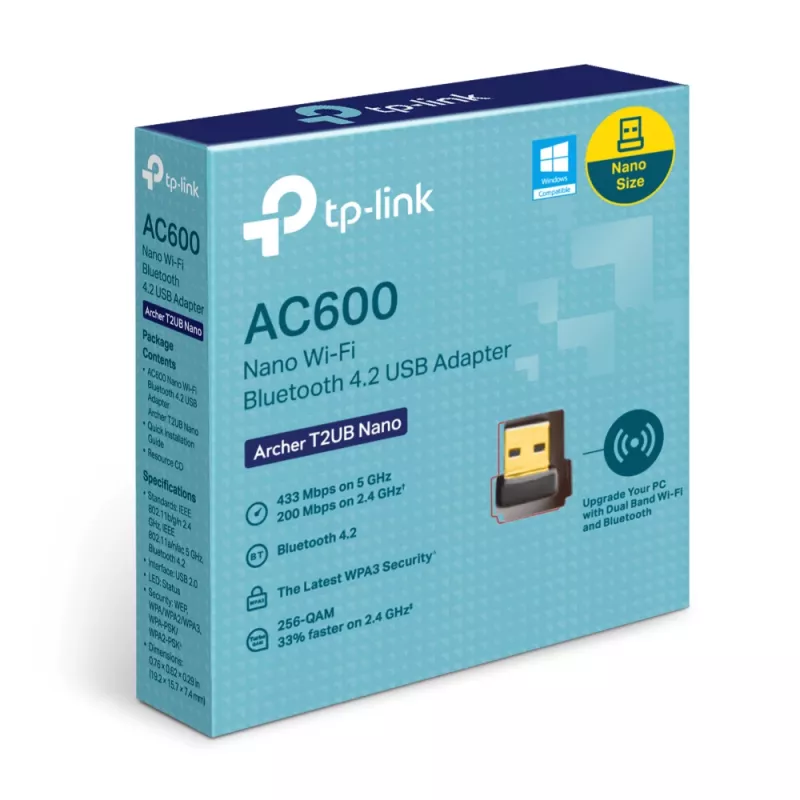 TP-Link Archer T2UB Nano belaidis USB adapteris AC600 dviejų juostų Wi-Fi ir Bluetooth 4.2