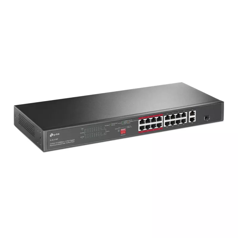TP-Link TL-SL1218P – 16 prievadų 10/100 Mbps + 2 prievadų Gigabit PoE+ jungiklis su 150 W biudžetu