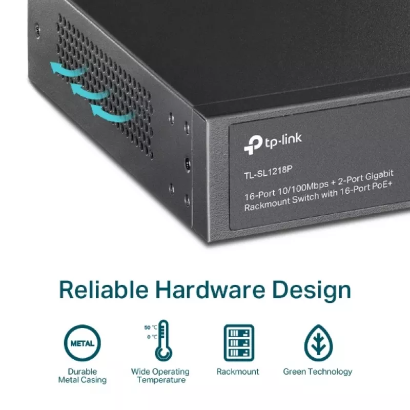 TP-Link TL-SL1218P – 16 prievadų 10/100 Mbps + 2 prievadų Gigabit PoE+ jungiklis su 150 W biudžetu