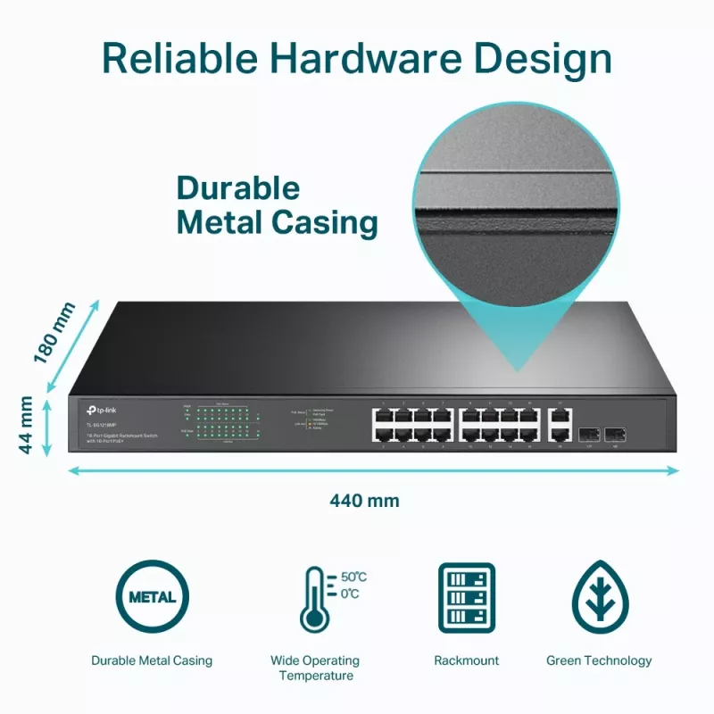 TP-Link TL-SG1218MP 18 prievadų Gigabit Ethernet tinklo jungiklis su 16 PoE+
