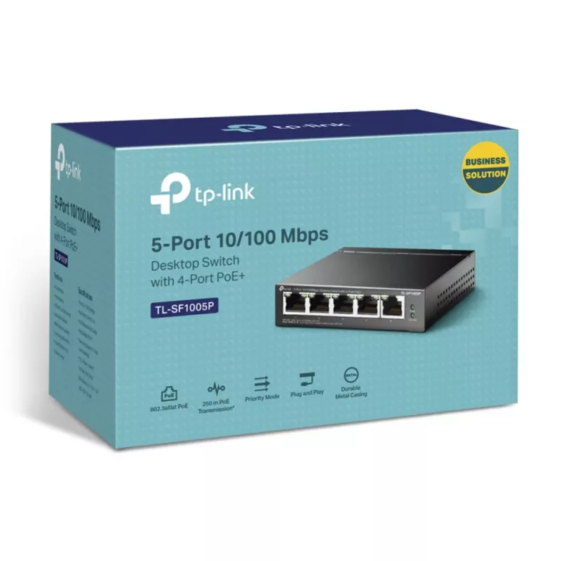 TP-Link 5 prievadų 10/100Mbps stalinis PoE jungiklis su 4 PoE prievadais, nevaldomas, Fast Ethernet (10/100), Full Duplex, maitinimas per Ethernet