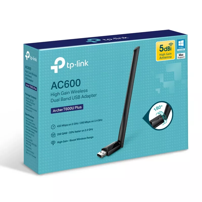 TP-Link AC600 ARCHER T600U PLUS belaidis USB adapteris, dual band, iki 600 Mbit/s