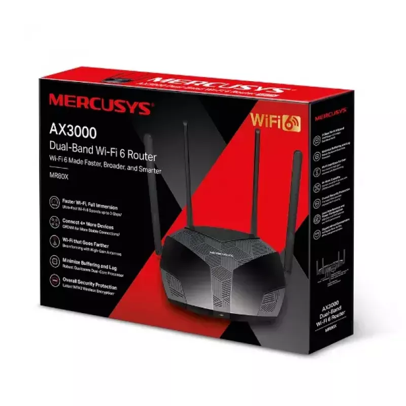 Stalinis maršrutizatorius MERCUSYS MR80X – Dviejų juostų „Wi‑Fi 6“ (802.11ax), 3000 Mbps, 4 išorinės antenos, 3 Gigabit LAN prievadai