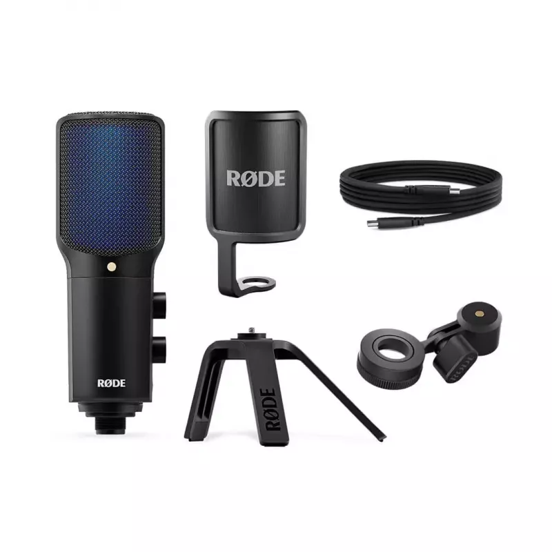 Kondensatorinis USB PC mikrofonas RØDE NT-USB+ — kardioidinis, 24 bitai/48 kHz, 20–20000 Hz, 3,5 mm ausinių išvestis, USB-C, juodas
