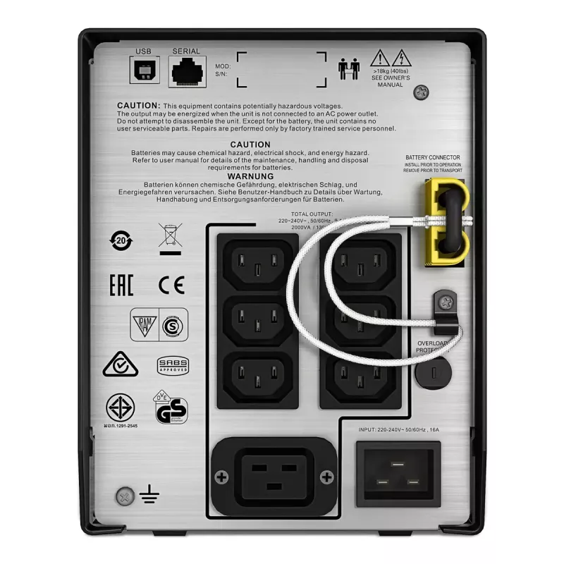 APC Smart-UPS C linijinis interaktyvus UPS 2000VA, bokštas, 230V, 6x IEC C13+1x IEC C19, USB, RS-232, AVR, grafinis LCD