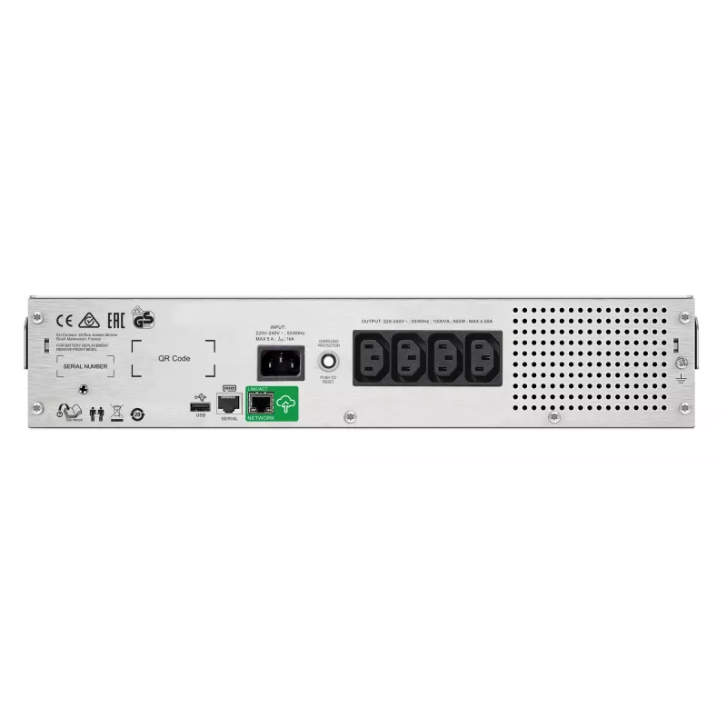 APC Smart-UPS C, linijinis interaktyvus, 1000VA, 2U stelažinis, 230V, 4x IEC C13 lizdai, SmartConnect prievadas, USB ir RS-232, AVR, grafinis LCD